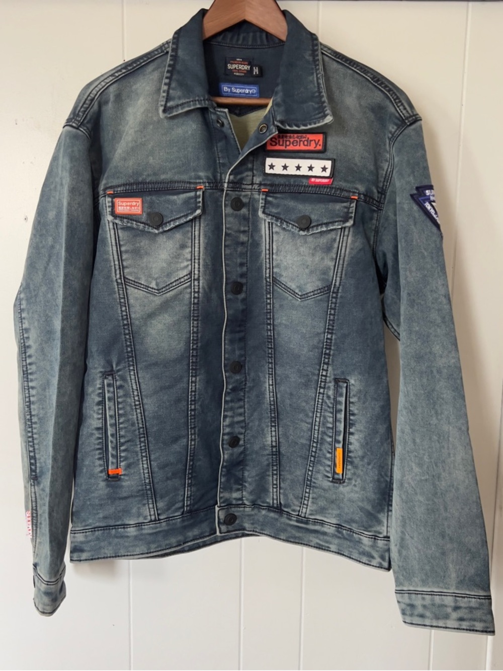 Superdry Men's Washed Blue Denim Jacket with Patch Accents Large